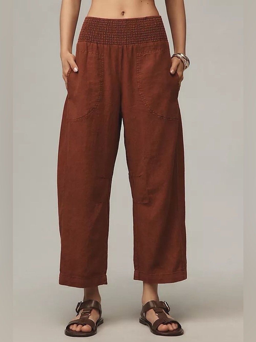 Pilcro Anthropologie Reese Smocked Pull On Barrel Pants Linen Blend Rust Brown